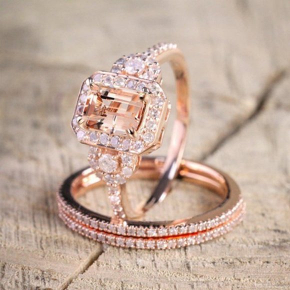 NEW 18K Rose Gold Diamond Morganite 3PC Ring Set - Picture 1 of 4